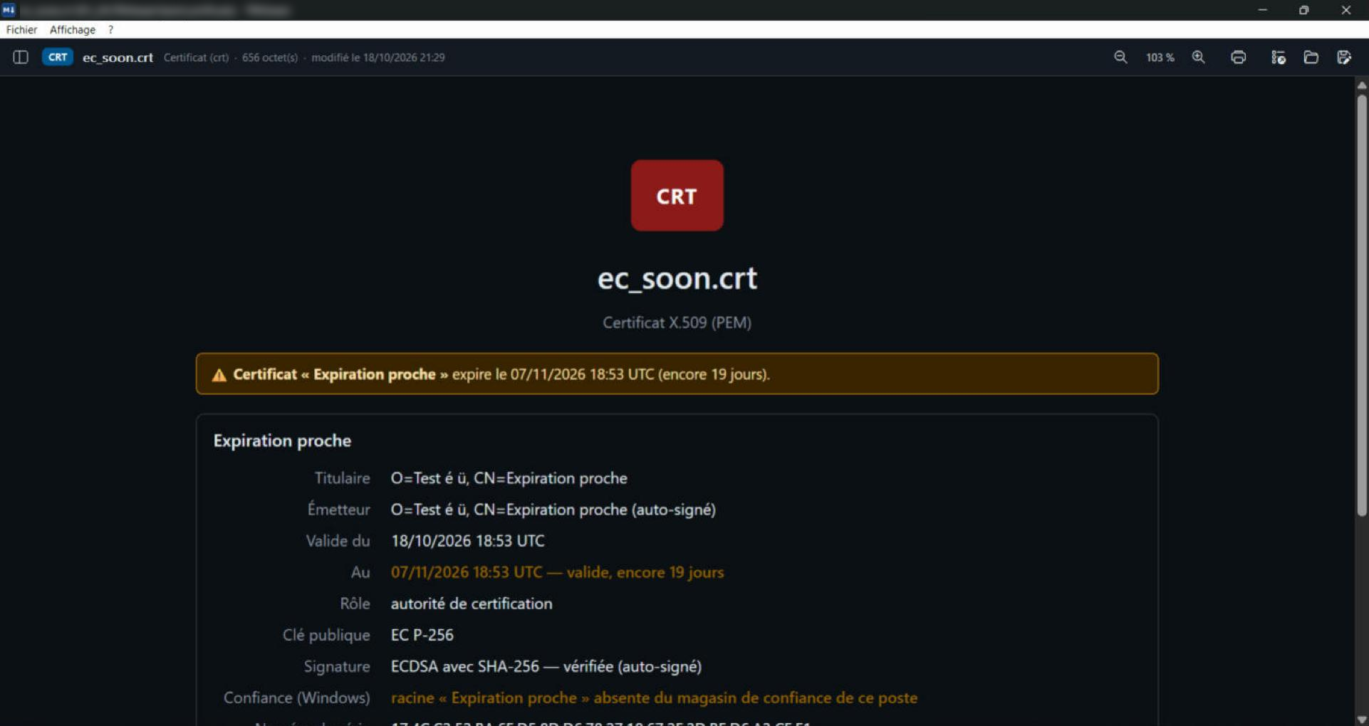 Lire un certificat .crt : titulaire, chaîne et date d'expiration dans TelaViewer