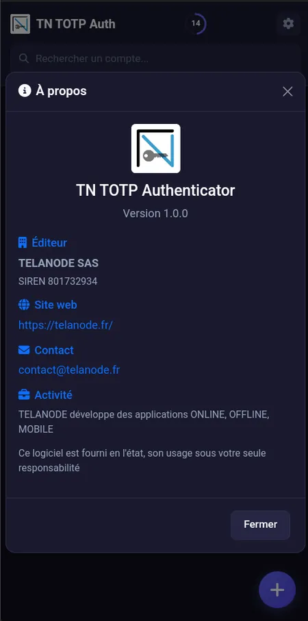 MFA TOTP Authenticator: about screen