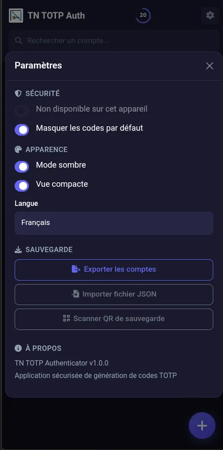 MFA TOTP Authenticator: settings: code masking, theme, language and backup